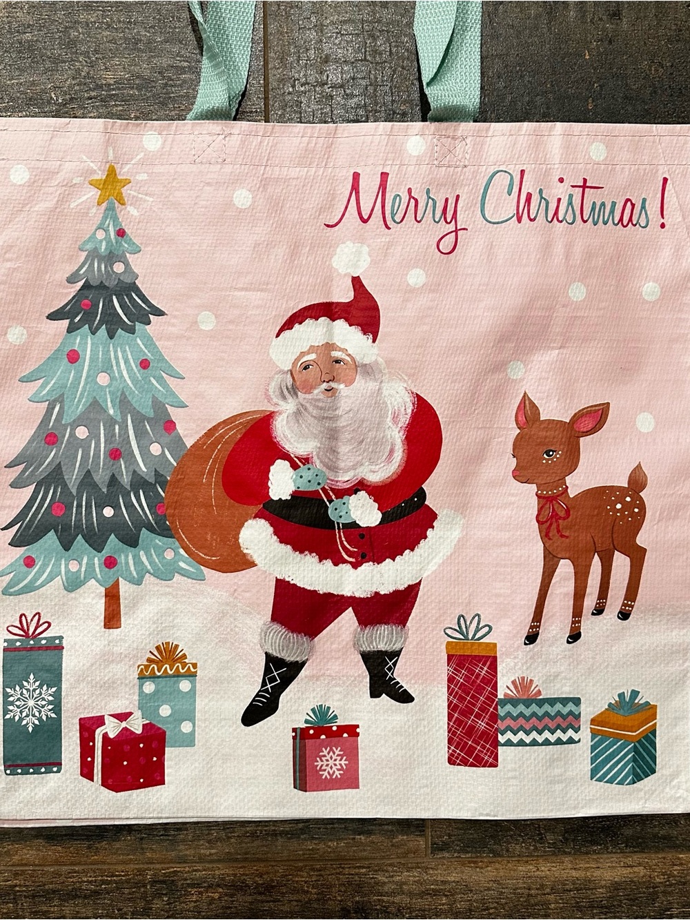 Merry Christmas Santa & Reindeer Holiday Tote Bag - Pink